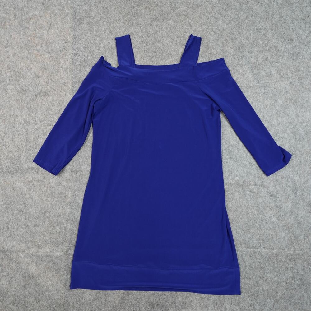 Clara Sun Woo Top Womens Medium Tunic Cold Shoulder Blue Slinky Liquid Knit‎